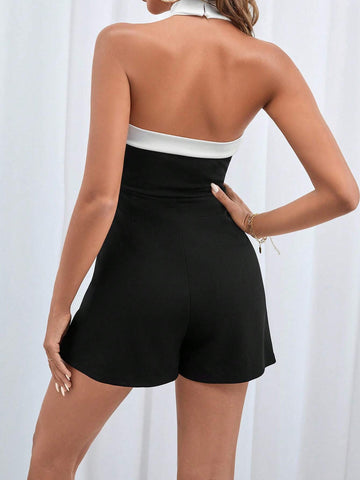 Contrast Trim Halter Neck Backless Romper