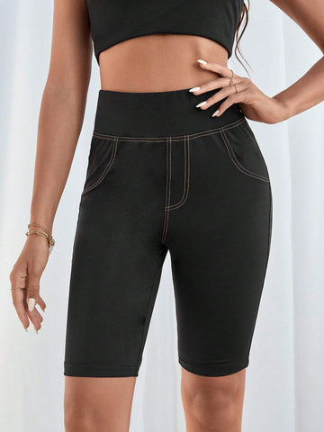 Top-stitching Wideband Waist Biker Shorts