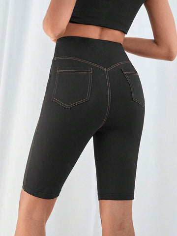 Top-stitching Wideband Waist Biker Shorts