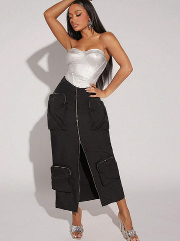 Flap Pocket Zipper Front Cargo Skirt
