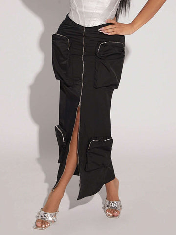 Flap Pocket Zipper Front Cargo Skirt