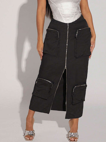 Flap Pocket Zipper Front Cargo Skirt