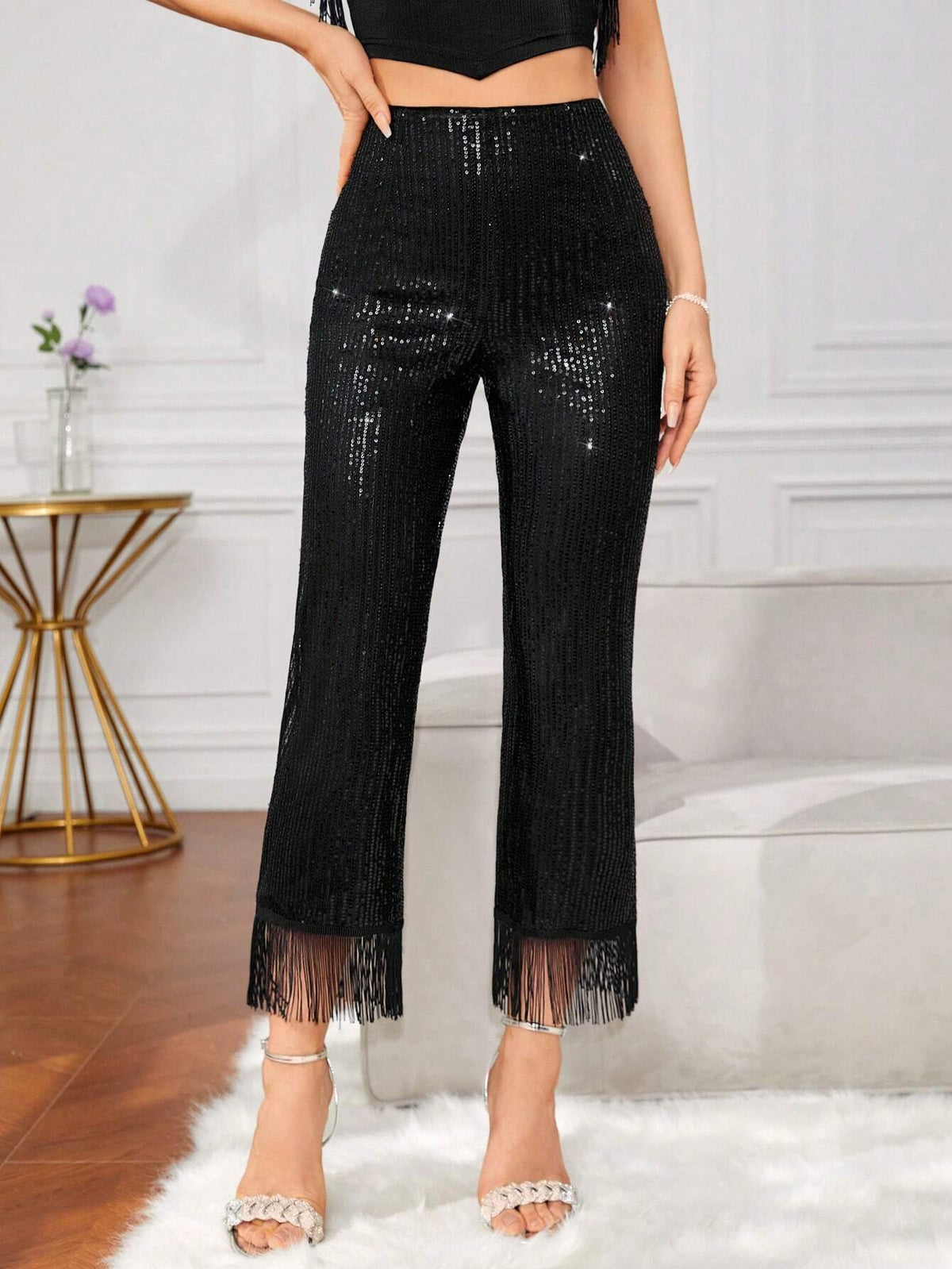 BAE High Waist Fringe Hem Sequin Flare Leg Pants
