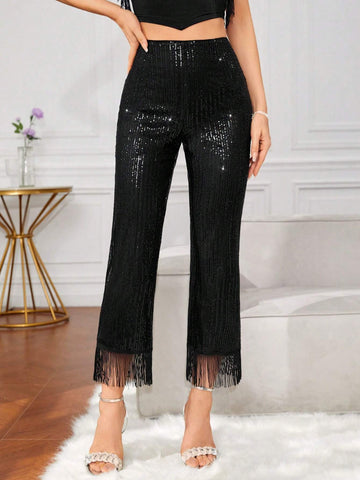 BAE High Waist Fringe Hem Sequin Flare Leg Pants