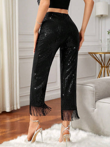 BAE High Waist Fringe Hem Sequin Flare Leg Pants