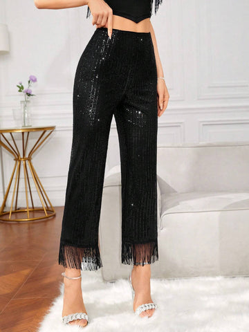 BAE High Waist Fringe Hem Sequin Flare Leg Pants