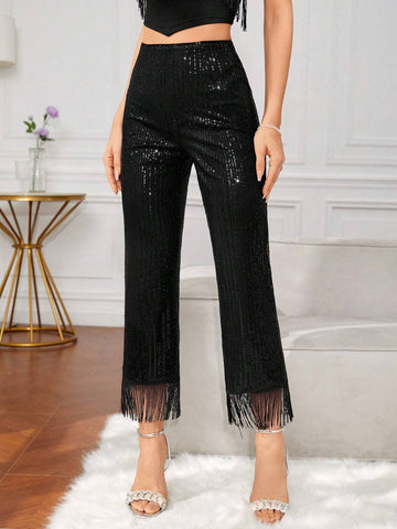 BAE High Waist Fringe Hem Sequin Flare Leg Pants