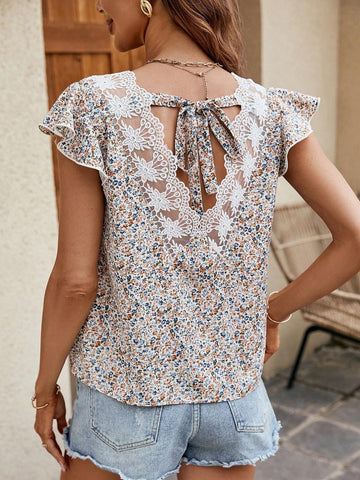 Ditsy Floral Print Tie Back Butterfly Sleeve Blouse