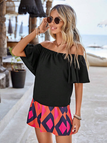 EMERY ROSE Off Shoulder Tee & Argyle Print Shorts