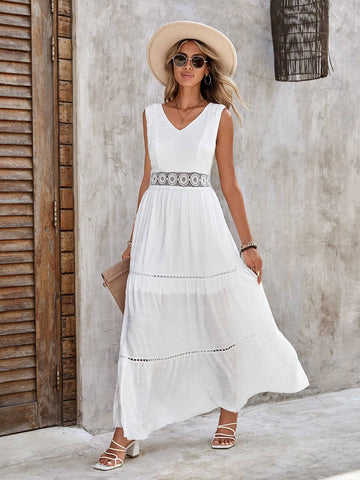 EMERY ROSE Guipure Lace Insert Ruffle Hem Dress