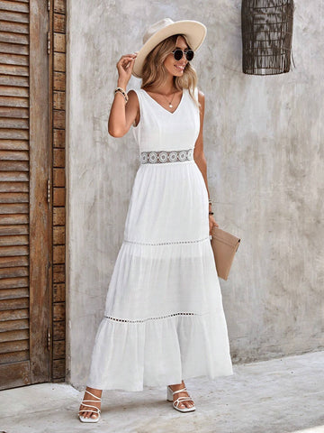 EMERY ROSE Guipure Lace Insert Ruffle Hem Dress