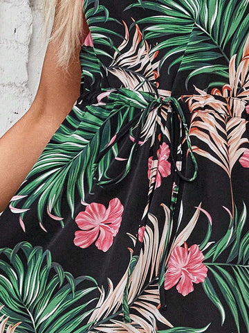EMERY ROSE Tropical Print Belted Dress