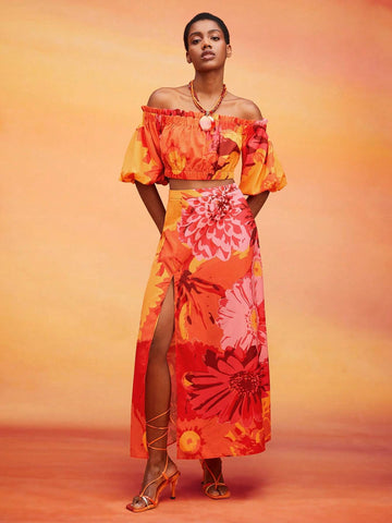 Floral Print Off Shoulder Top & Split Thigh Skirt