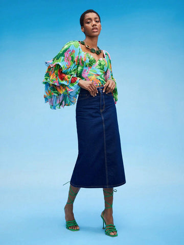 Tropical Print Lettuce Trim Layered Sleeve Crop Top