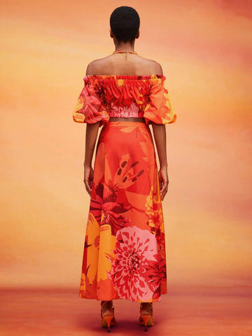 Floral Print Off Shoulder Top & Split Thigh Skirt