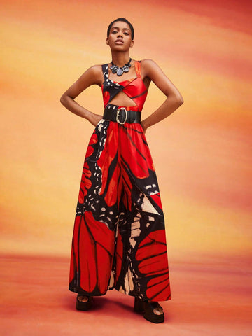 Butterfly Print Cut Out Wide Leg Jumpsuit Without Belt