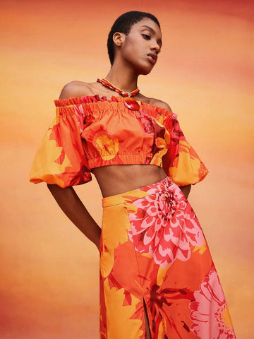 Floral Print Off Shoulder Top & Split Thigh Skirt