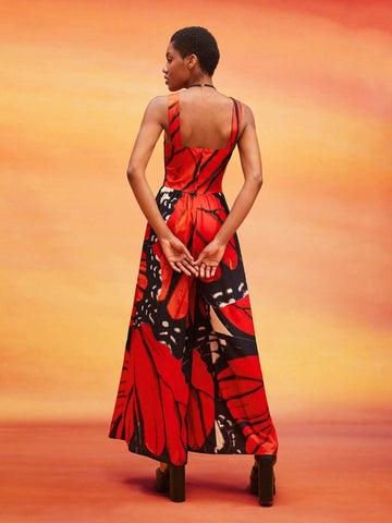 Butterfly Print Cut Out Wide Leg Jumpsuit Without Belt