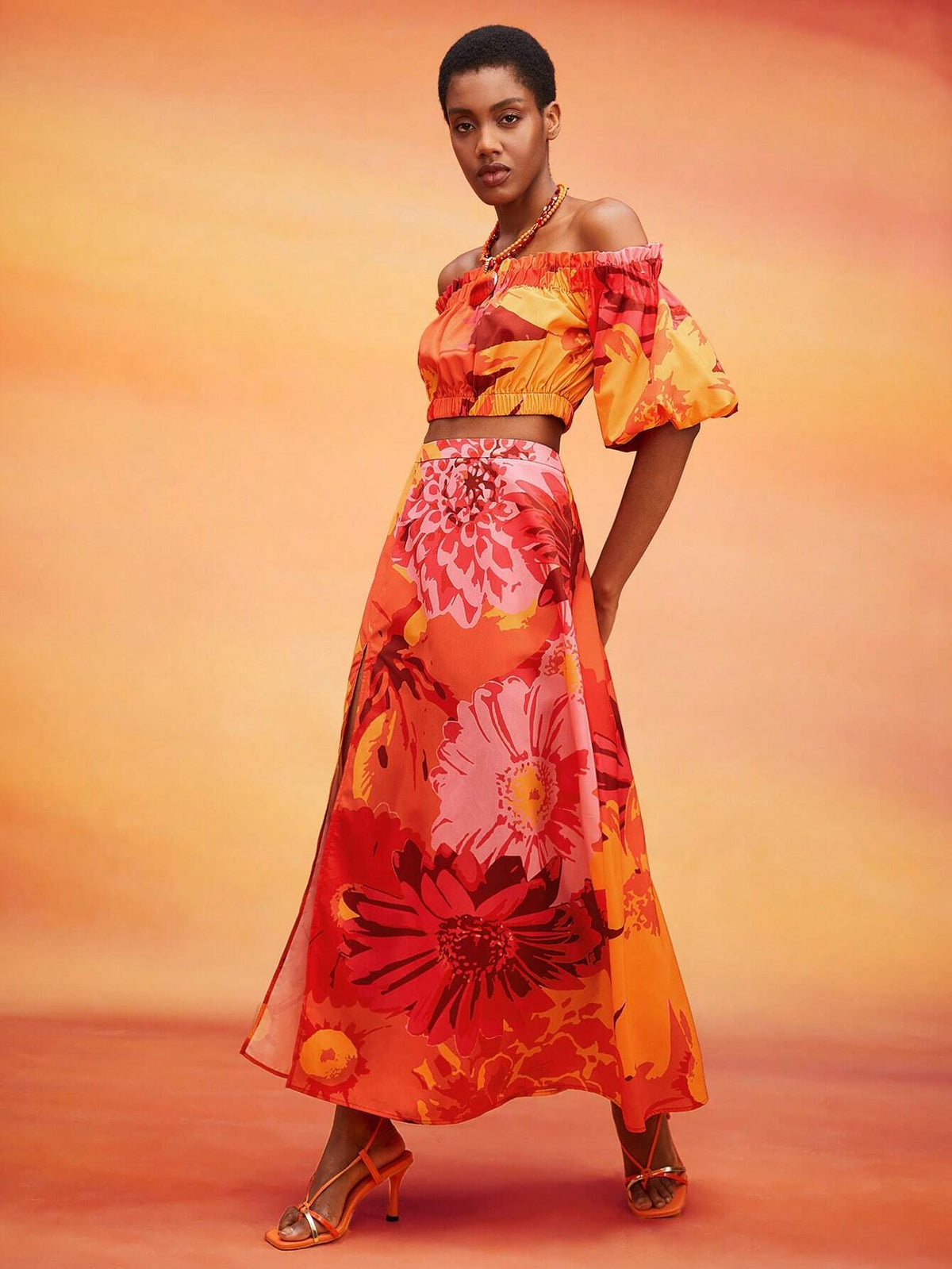 Floral Print Off Shoulder Top & Split Thigh Skirt