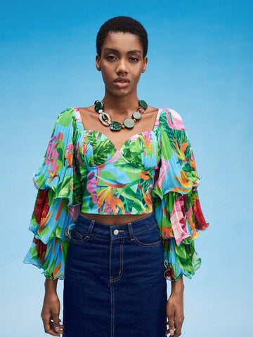 Tropical Print Lettuce Trim Layered Sleeve Crop Top
