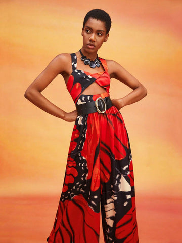 Butterfly Print Cut Out Wide Leg Jumpsuit Without Belt