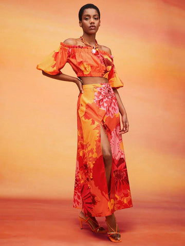 Floral Print Off Shoulder Top & Split Thigh Skirt