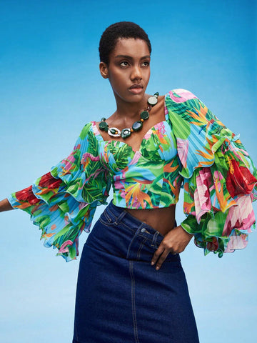 Tropical Print Lettuce Trim Layered Sleeve Crop Top