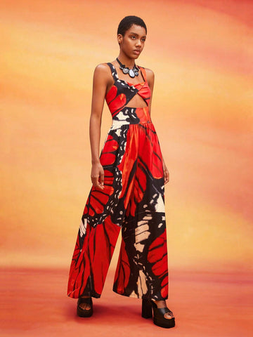 Butterfly Print Cut Out Wide Leg Jumpsuit Without Belt