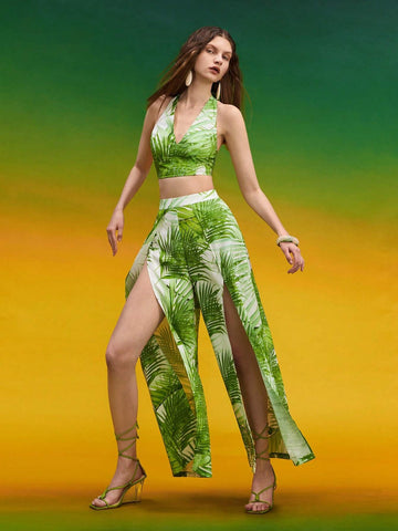 Tropical Print Tie Backless Halter Top & Split Thigh Pants