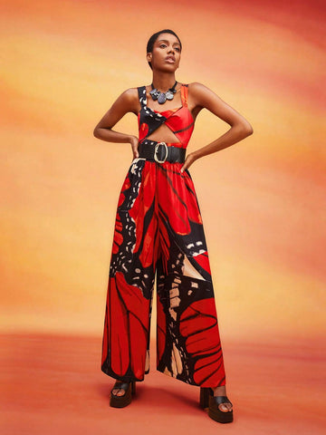 Butterfly Print Cut Out Wide Leg Jumpsuit Without Belt