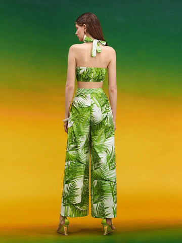 Tropical Print Tie Backless Halter Top & Split Thigh Pants