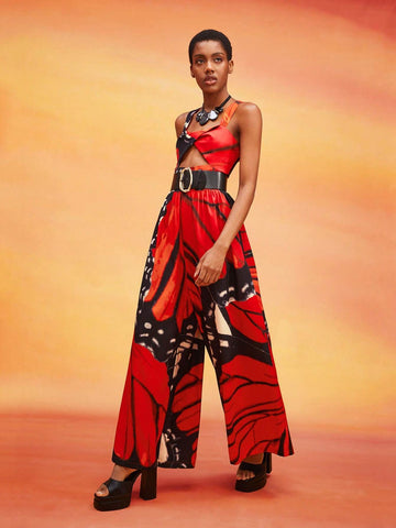 Butterfly Print Cut Out Wide Leg Jumpsuit Without Belt