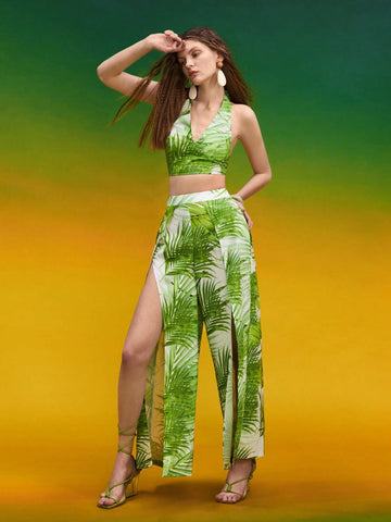 Tropical Print Tie Backless Halter Top & Split Thigh Pants