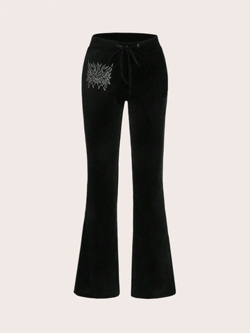 ICON Heart Rhinestone Drawstring Waist Flare Leg Pants
