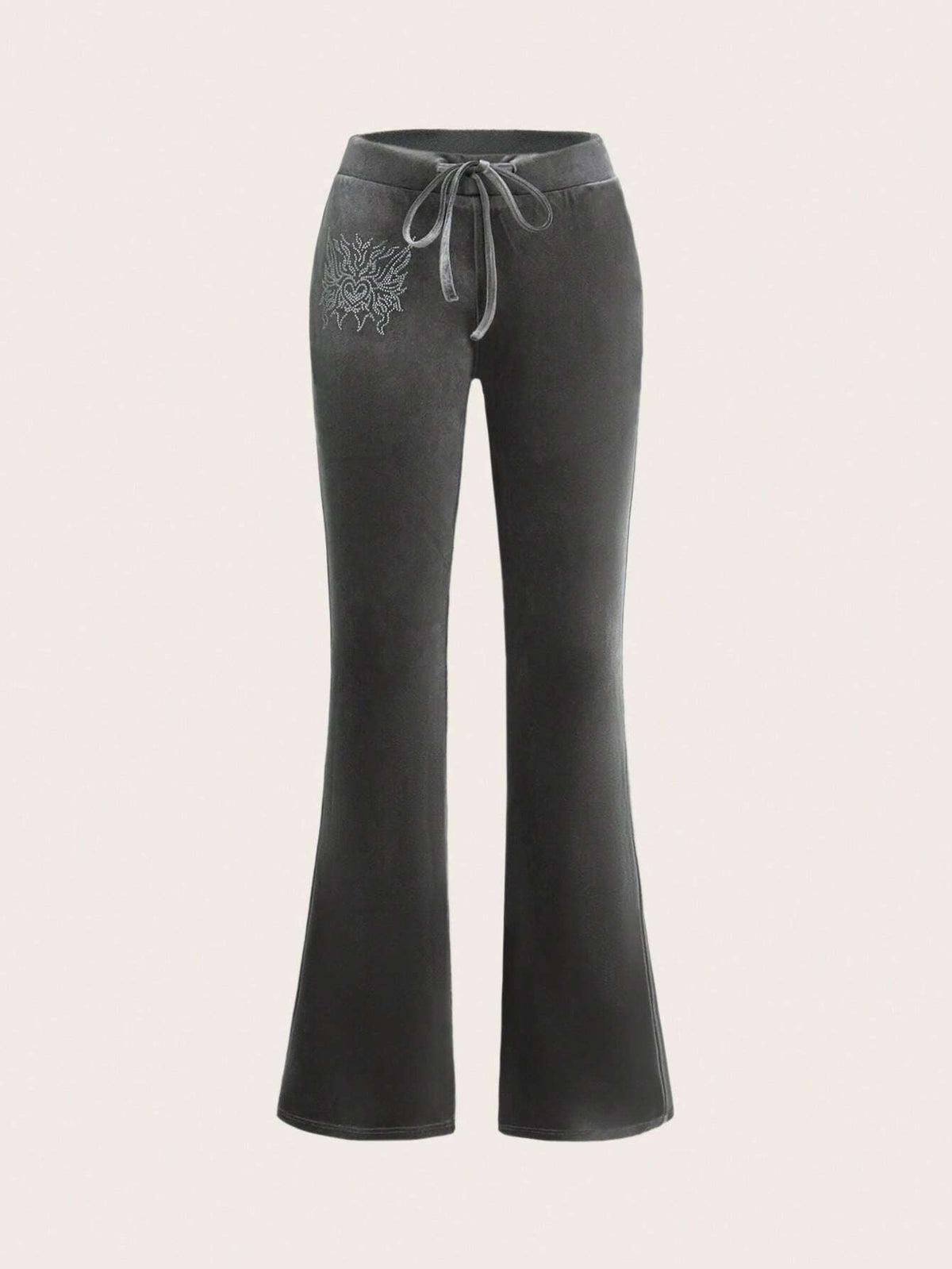 ICON Heart Rhinestone Drawstring Waist Flare Leg Pants