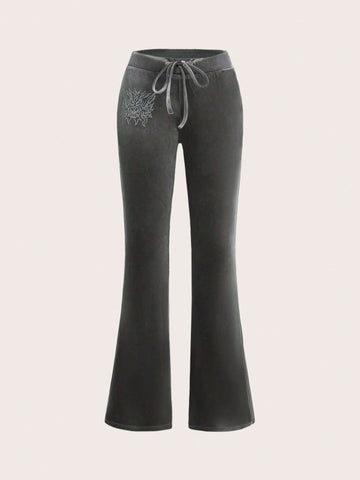 ICON Heart Rhinestone Drawstring Waist Flare Leg Pants