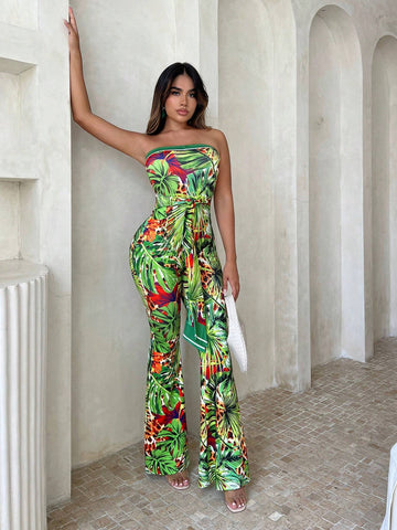 Tropical Print Tie Front Tube Jumpsuit