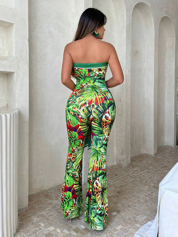 Tropical Print Tie Front Tube Jumpsuit