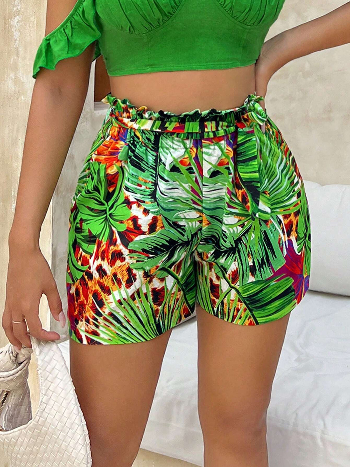 SXY Tropical Print Belted Shorts