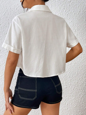 Solid Button Front Crop Shirt