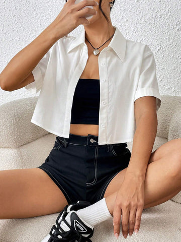 Solid Button Front Crop Shirt