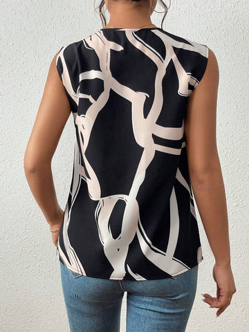 Allover Print Fold Pleated Detail Blouse