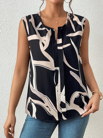 Allover Print Fold Pleated Detail Blouse