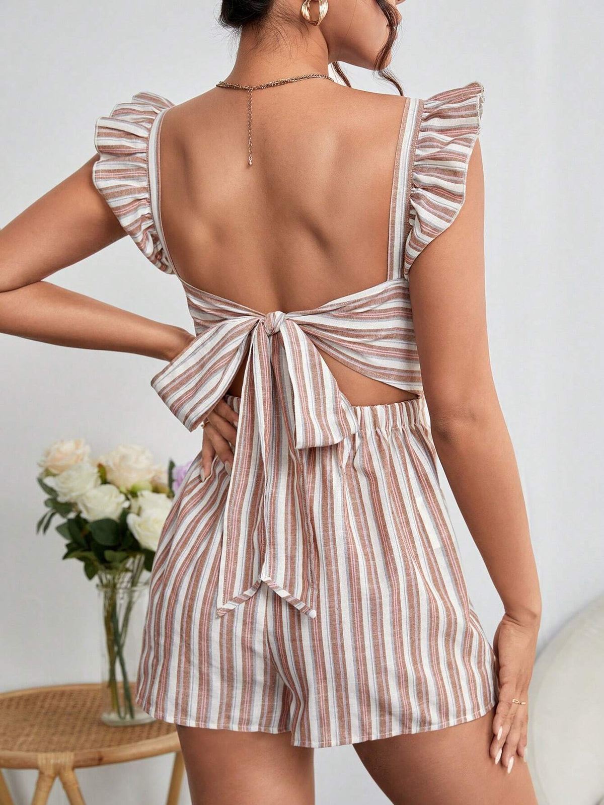 Striped Tie Backless Ruffle Trim Romper