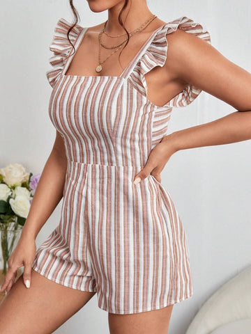 Striped Tie Backless Ruffle Trim Romper