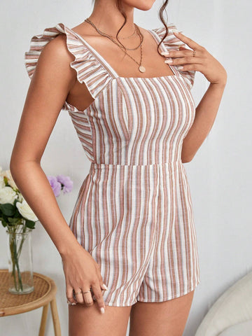 Striped Tie Backless Ruffle Trim Romper