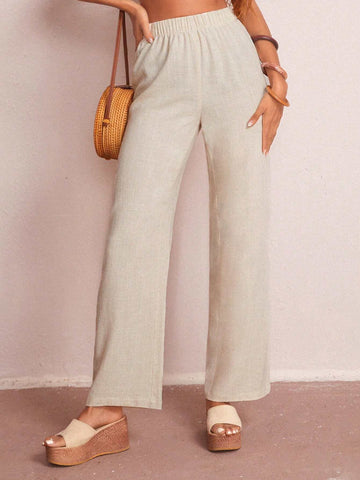 EMERY ROSE Solid Elastic Waist Wide Leg Pants