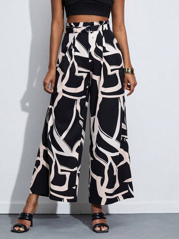 BIZwear Graphic Print Wide Leg Belted Pants