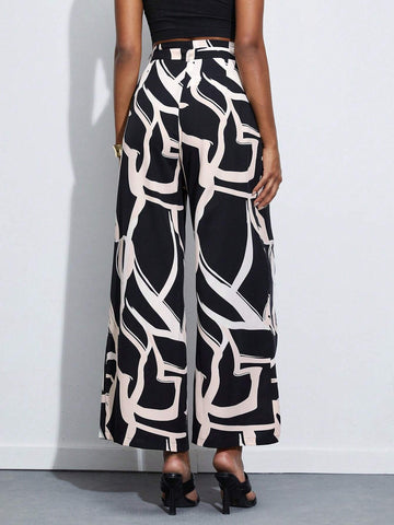 BIZwear Graphic Print Wide Leg Belted Pants