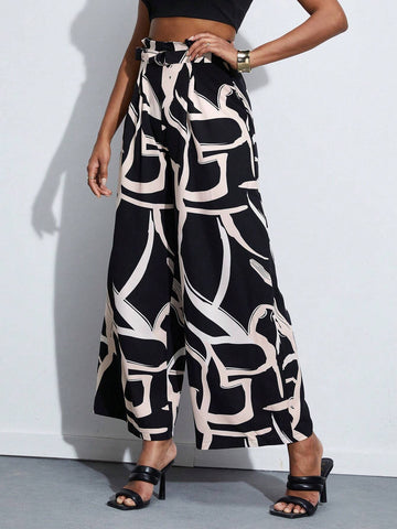 BIZwear Graphic Print Wide Leg Belted Pants